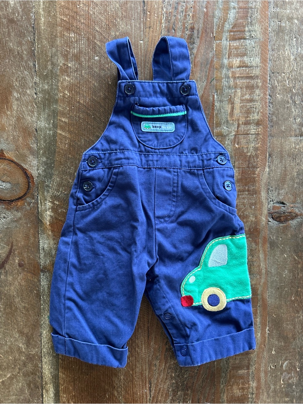 Vintage Y2K Carter’s Baby Boy Shorts Overalls Navy Blue Green Car - Newborn